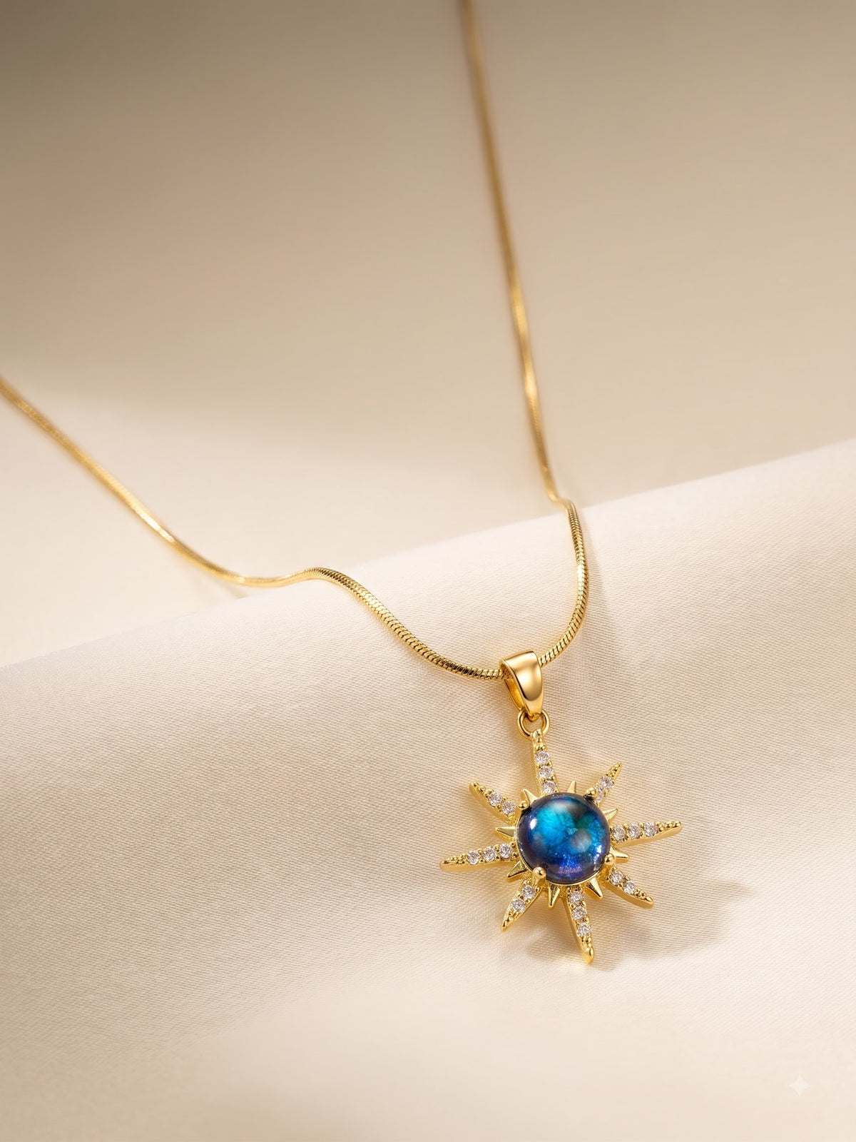 Anti Tarnish Sun Pendant Necklace – Gold Star with Blue Stone