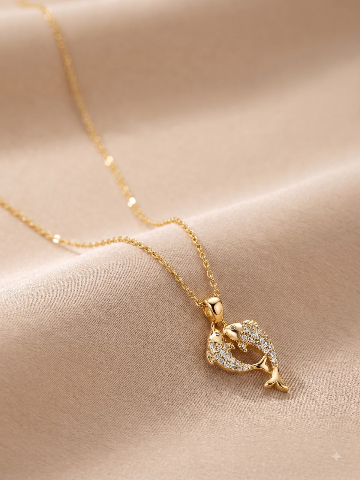 Anti Tarnish Gold Dolphin Necklace – Twin Dolphin Heart Pendant