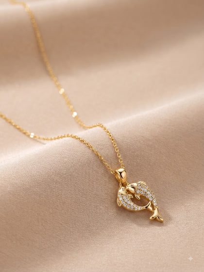 Anti Tarnish Gold Dolphin Necklace – Twin Dolphin Heart Pendant