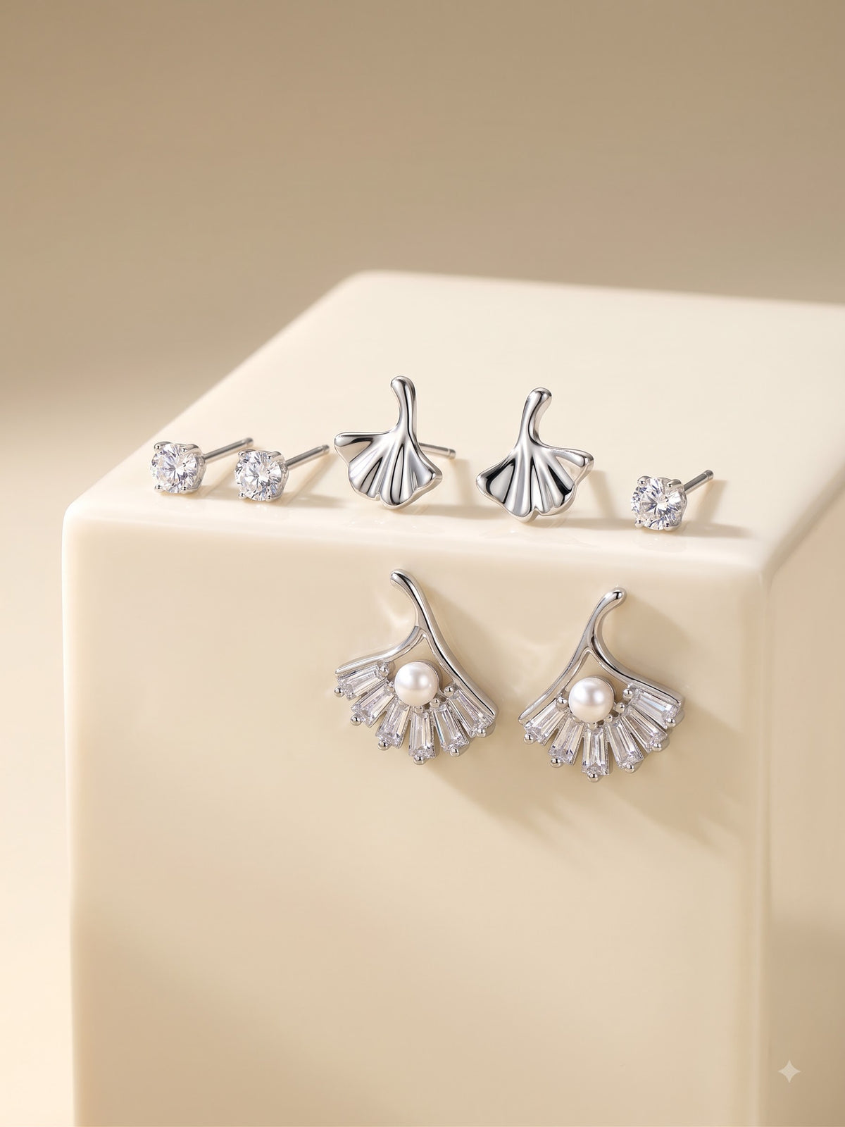 Minimal Earring Set – 6 Piece Ginkgo Leaf & Pearl Stud Set